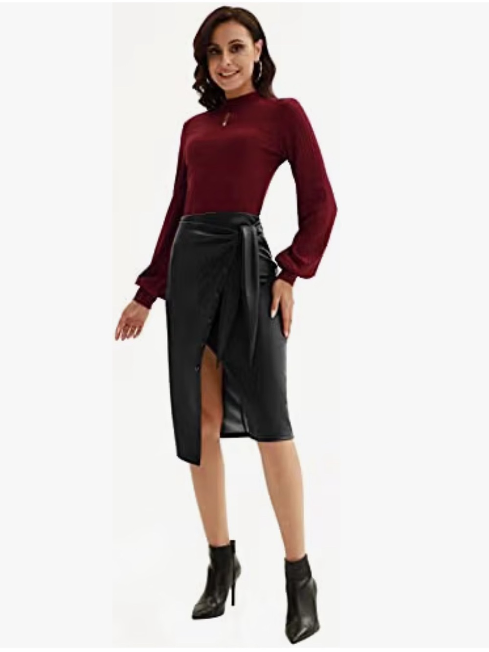 NWT Navy Faux Leather Split High Waist Tie-Waist Midi Pencil Skirt